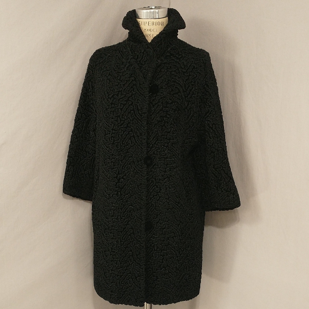 Faux Persian Lamb Fur Coat Vintage 50s 60s Car Coat Length Velvet Buttons Black